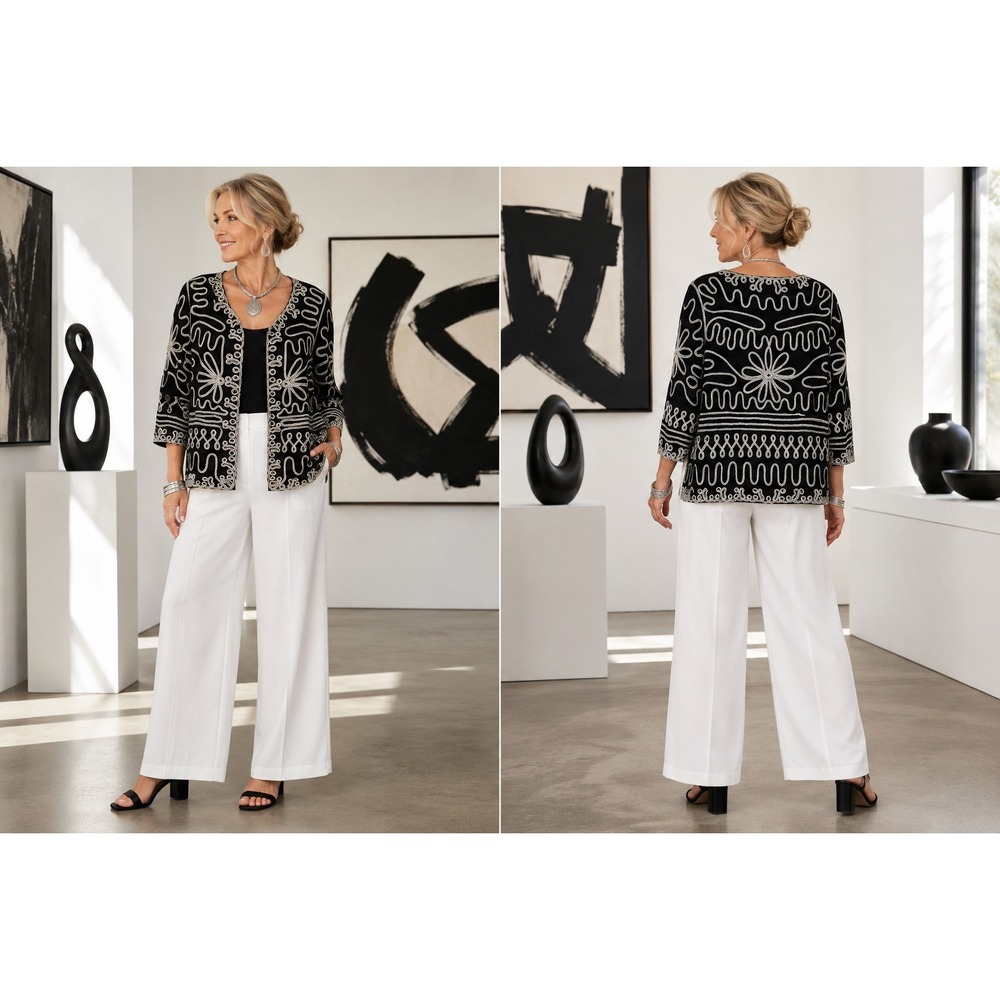 Boho Artsy Black White Silver Metallic Soutache Embroidered Button Front Top M